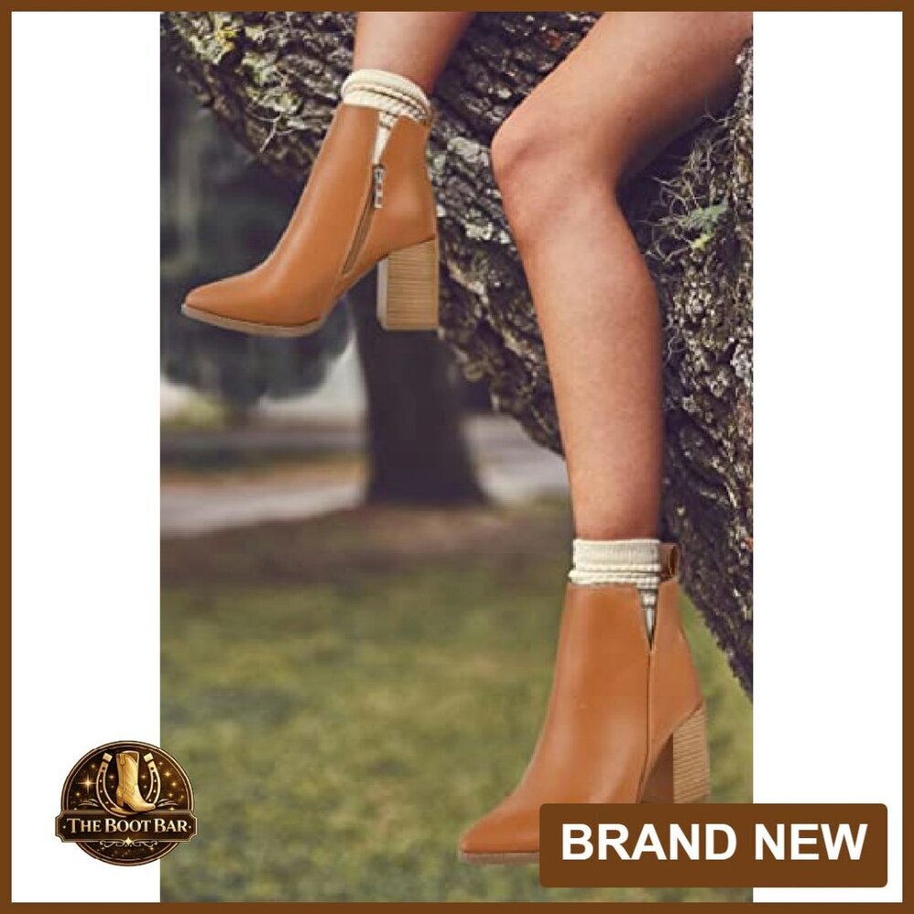 Women's V-Cut Ankle Boots Pointed Toe Chunky Heel Side Zipper - Picture 4 of 8